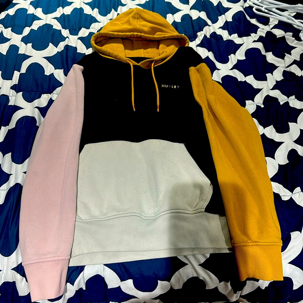 Hurley hoodie, black, white, pink, and yellow.